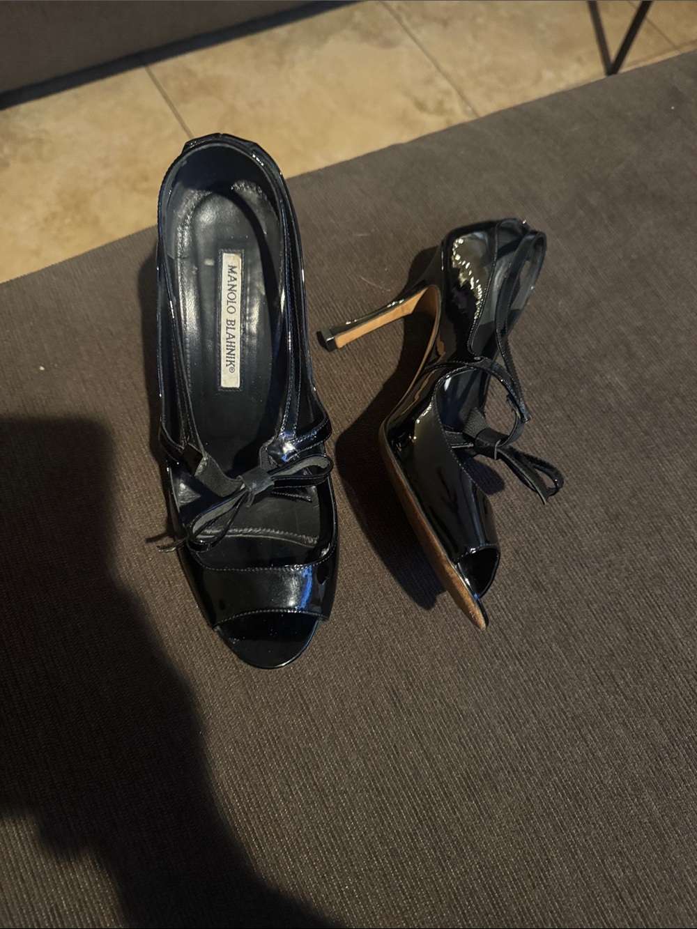 Manolo Blahnik Black Patent Open-Toe Bow Pumps